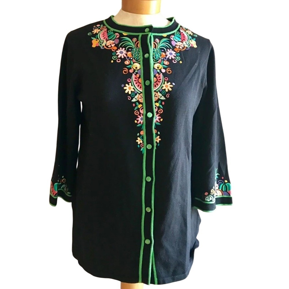 Bob Mackie‎ Cardigan Black Detailed Embroidered Knit Sz L Womens Old Money Boho